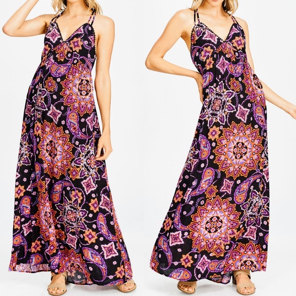 Last☝️ Paisley Ethnic BOHO Crochet Trim Maxi Dress - Picture 6 of 8
